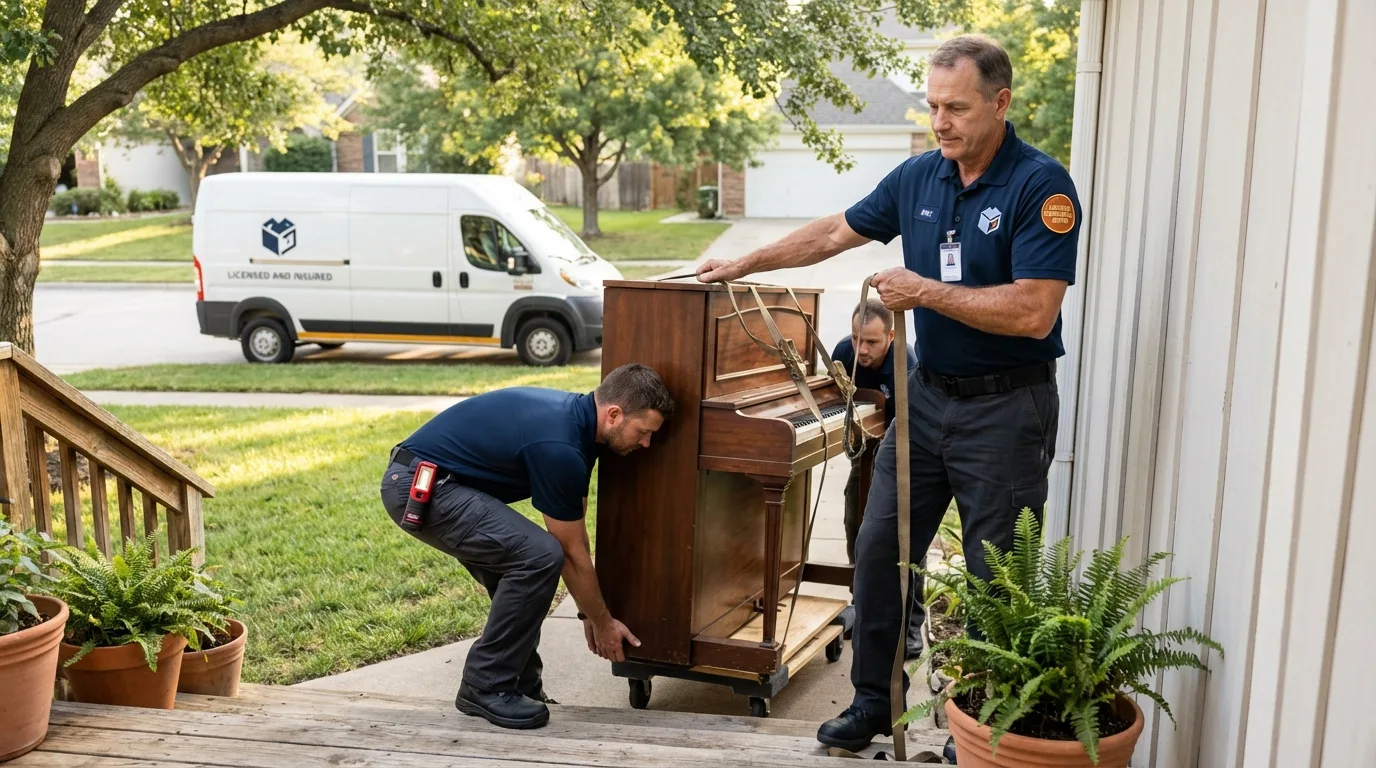 Licensed piano movers securing grand piano in Malta, IL
